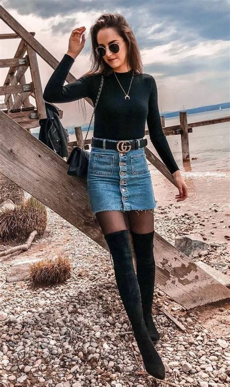 denim skirt with boots outfit.